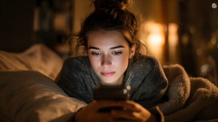 Fototapeta premium Teen overwhelmed by social media feeds late at night