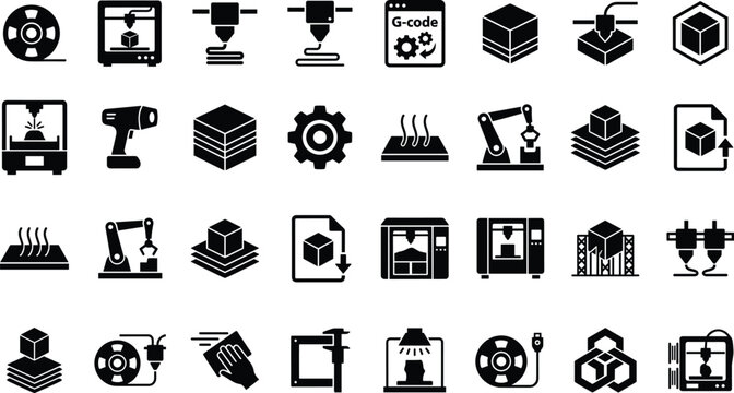 Set of 3D Printing and Additive Manufacturing Vector Icons Featuring Printers, Filament Spools, G-code, Robotic Arms, and Industrial Prototyping Symbols