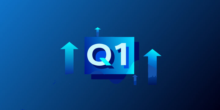 Abstract graphic representing first quarter growth with upward pointing arrows