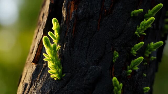 Shoots emerging from charred tree trunk with new green growth featuring nature, resilience, recovery with environment and ecology elements for