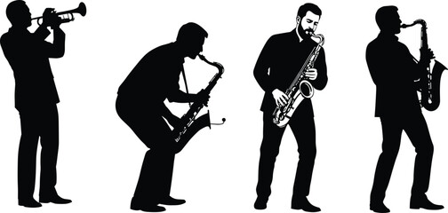 Silhouette of four jazz musicians playing trumpet and saxophone instruments in a band performance isolated on a white background vector. © MdShedul