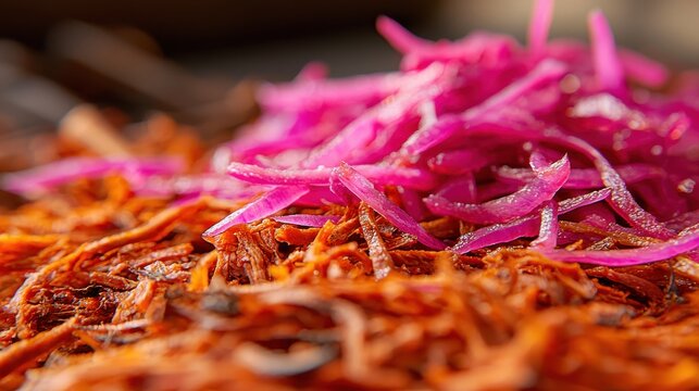 Cochinita pibil slow-roasted pork with achiote marinade topped with vibrant pink pickled red onions at premium Mexican restaurant setting