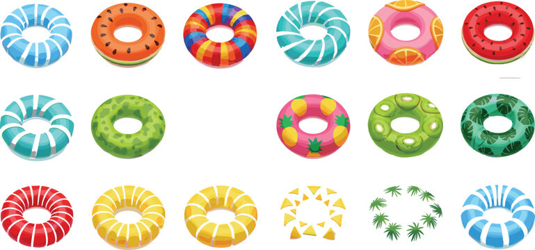 Set of Vibrant Pool Floats in Various Fruit and Tropical Designs for Summer Fun, Beach Parties, and Water Activities