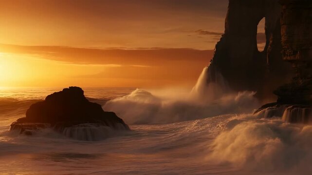 Waves crashing violently against rocky cliffside at sunset with orange hues and silhouetted rocks. featuring ocean, sea, surf with wave and cliff
