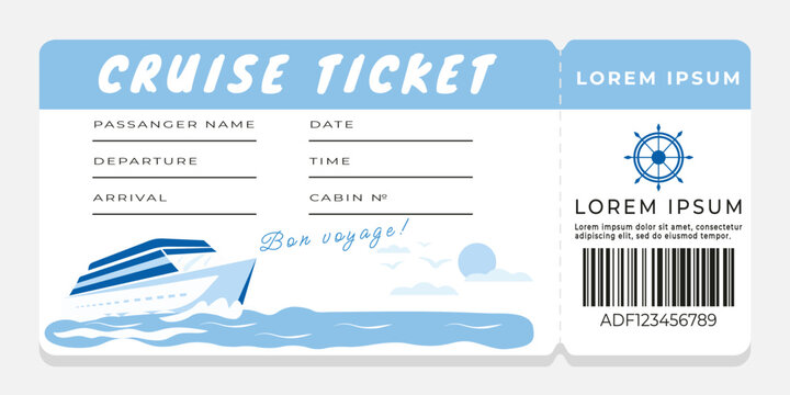 Cruise boarding pass template with ocean liner and sea background illustration, blank information fields and text. Vector template for cruise travel