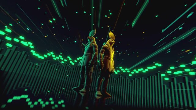 4K seamless turquoise and orange VJ loop featuring a stylized, geometric 3D Ra deity figure with glowing circuits for VJ sets, stage screens, electronic music festivals and LED video walls