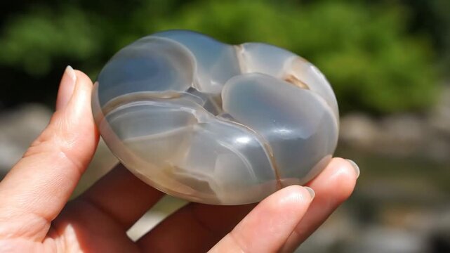 Hand Holding Polished Chalcedony Stone