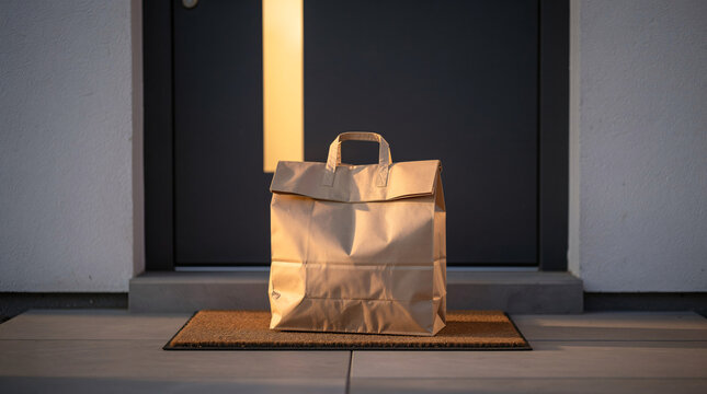 Paper food delivery bag on doormat outside a modern house front door at sunset