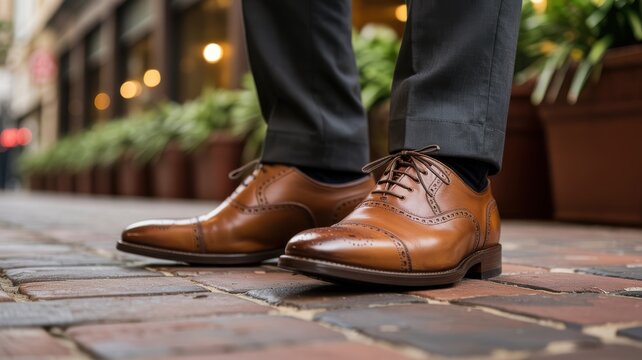Close up of elegant brown leather oxford brogue shoes on a man walking on a city sidewalk
