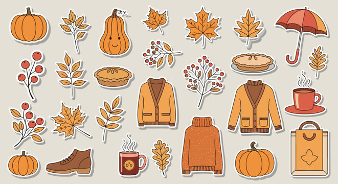 Charming collection of autumn themed stickers featuring cozy sweaters pumpkins maple leaves and warm beverages on a soft neutral background.