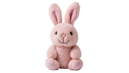 Obraz premium Fluffy pink bunny plush toy with embroidered smile, isolated on transparent background