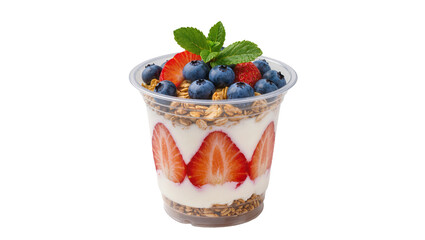 Layered yogurt parfait with strawberries blueberries granola and mint, isolated on transparent background © Emilia