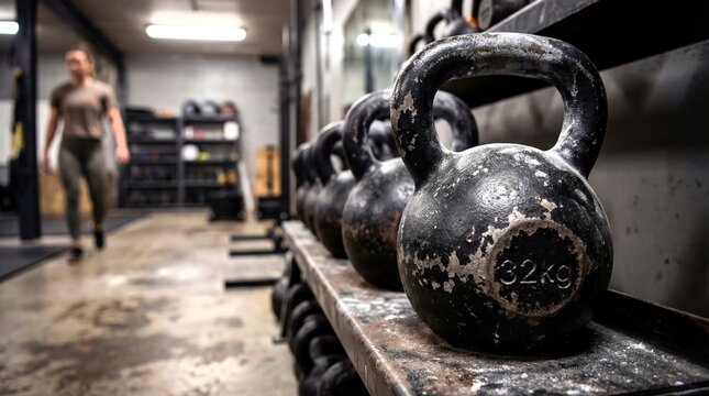 Heavy kettlebells in gym for strength training and intense workouts