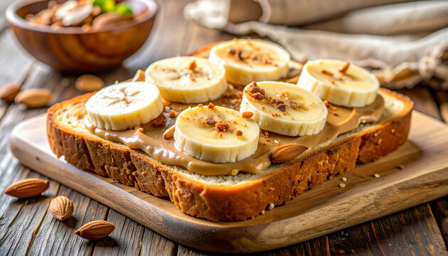 Rustic toasted bread with smooth almond butter, fresh bananas and cinnamon topping, nutritious breakfast, tasty snack