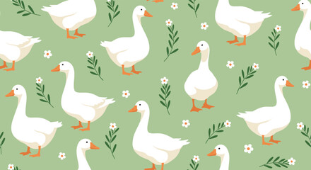 Obraz premium Charming seamless pattern of white ducks standing and walking among small delicate flowers on a soft green background for nursery wallpaper.