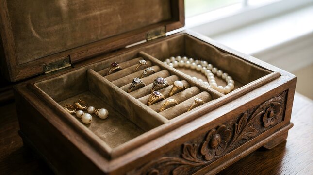 Elegant wooden jewelry box filled with treasured rings and pearls, a symbol of beauty and luxury.