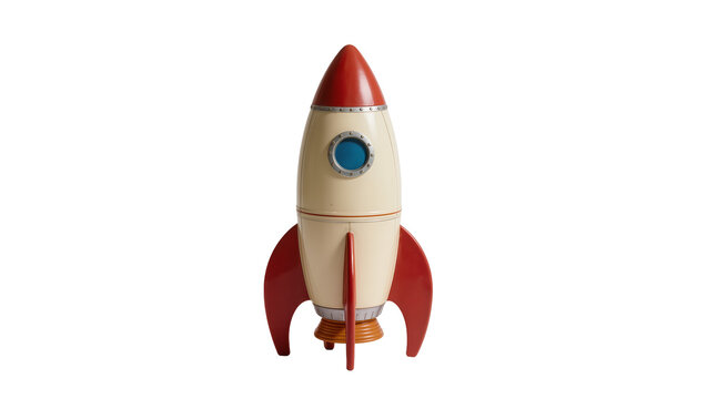 Retro cream and red metal rocket ship with blue window, isolated on transparent background