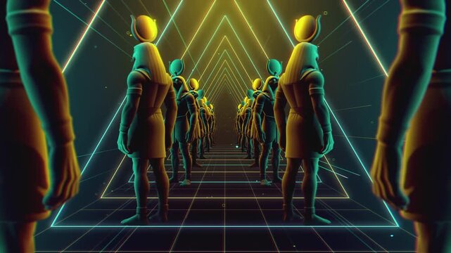 4K seamless turquoise and orange VJ loop tunnel featuring a stylized, geometric 3D God Ra figure with glowing circuits for VJ sets, stage screens, electronic music festivals and LED video walls