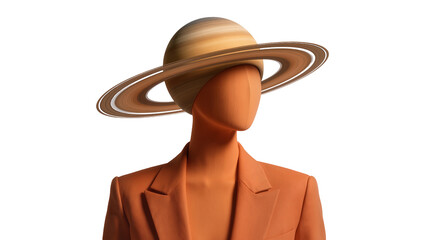 Orange mannequin head wearing Saturn planet hat, isolated on transparent background © Emilia