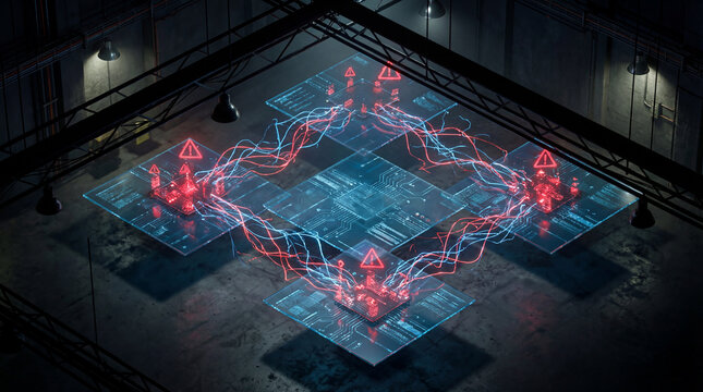 Digital network security alert with red warning icons and nodes