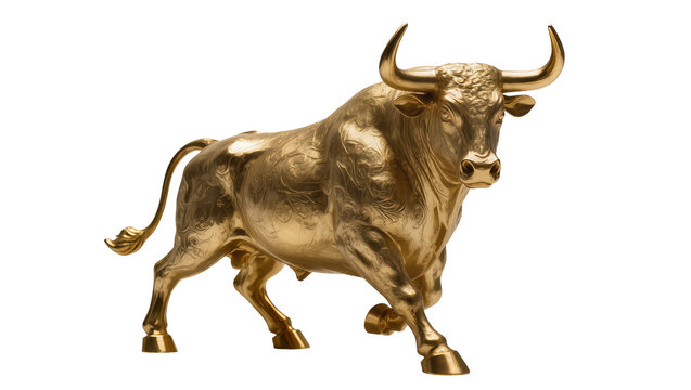 Shiny golden bull statue charging forward, isolated on transparent background