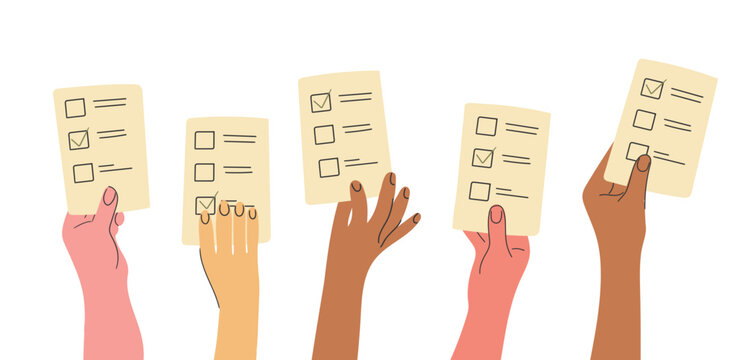 Diverse Hands Holding Marked Voting Ballots