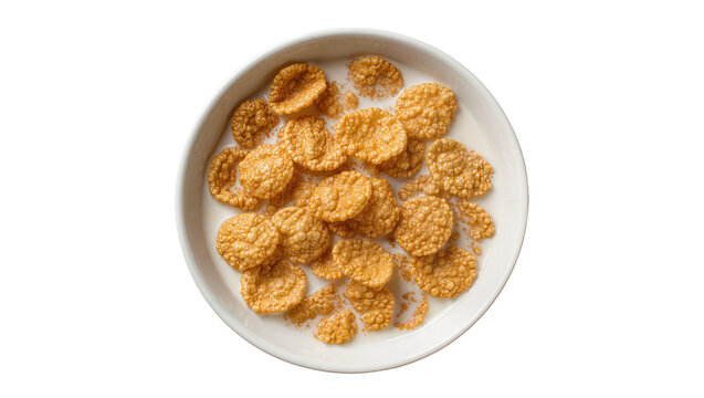 Crispy golden corn flakes floating in fresh white milk, isolated on transparent background