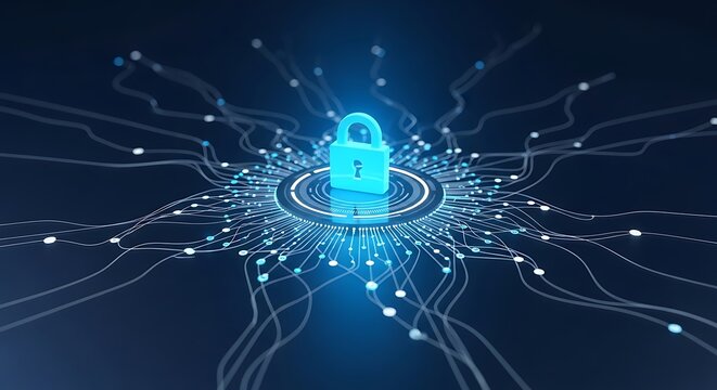 Cybersecurity Padlock Icon in Data Network Node Data Privacy Concept