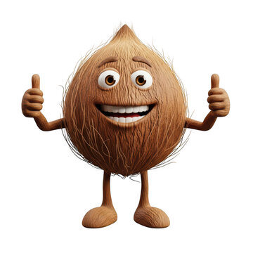 Cheerful animated coconut character with arms and thumbs up gesture, Png