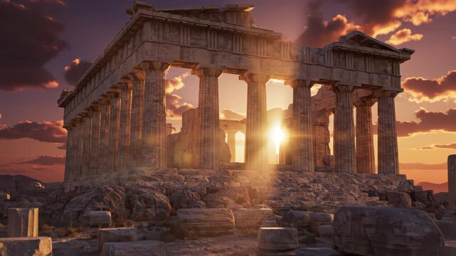 Ancient Greek temple at sunset for environmental projects, nature documentaries, and commercials
