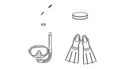 Dive Gear Essentials: A detailed illustration showcasing the essential equipment for underwater exploration, including mask, snorkel, fins, and weight. Ready for aquatic adventure! © AJM