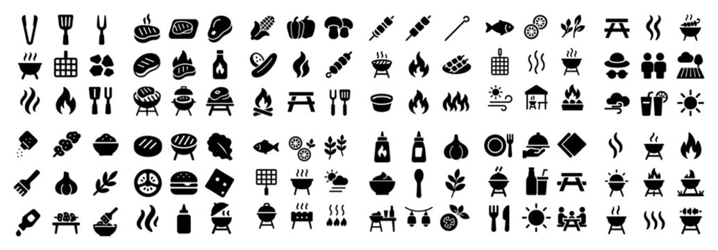 Grill icons with skewer steak and tongs flat