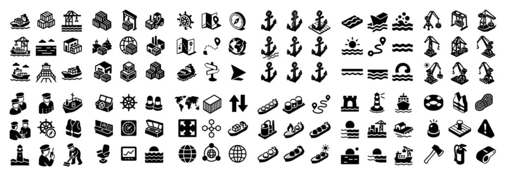 Maritime icons with anchor ship compass minimal