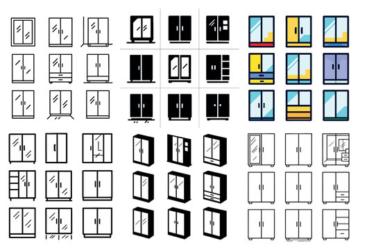 Furniture icons with cabinet window door simple outline