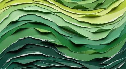 Fototapeta premium Abstract composition of layered, torn paper strips in varying shades of green