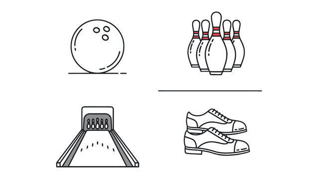Bowling Elements: A set of minimalistic black and white line drawings representing various elements of bowling: the ball, pins, lane, and shoes. Perfect for illustrating recreational activities.