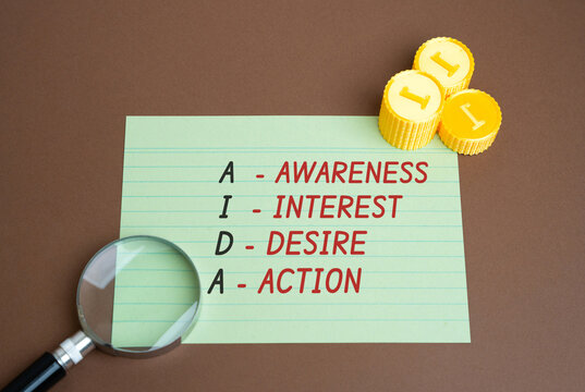 AIDA in business concept. Marketing model that describes the stages a customer goes through before making a purchase: Awareness, interest, desire, and action.