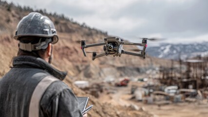 Fototapeta premium Construction worker operates drone for surveying a large open-pit mine site with heavy machinery
