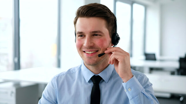 Smiling male customer service agent wearing headset for business support and technical office help.