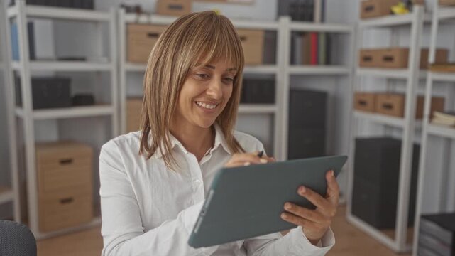 Woman smiling, writing on a tablet with a stylus while holding the device with both hands amid storage shelves and cardboard boxes in a building; calm productivity.