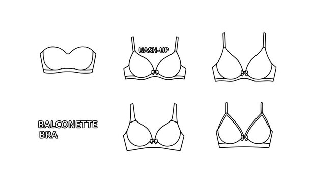Vector outline set of different bra types on white background
