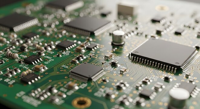 Close-up of a Computer Circuit Board with Microchips and Electronic Components
