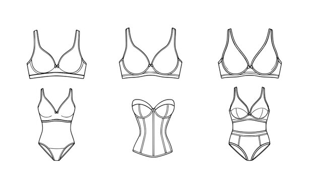 Vector outline icon set of female lingerie types on white background