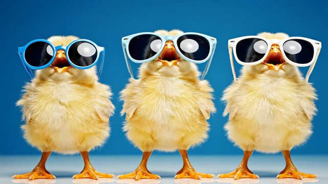 Three baby chicks wearing sunglasses for commercial backgrounds, digital design, and advertising