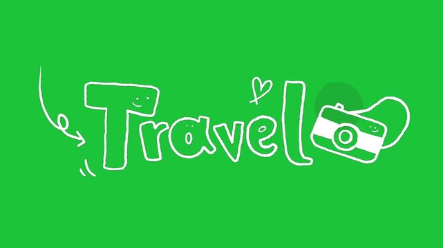 travel text with camera icon on green background simple animation tourism vacation concept fun adventure design