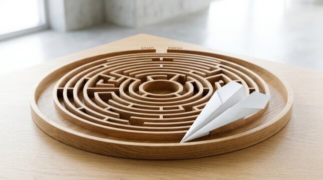 A paper airplane flying around the outside edge of a circular maze, avoiding the interior complexity, clean abstract setting, symbol of innovation shortcuts and lateral thinking, bright clever