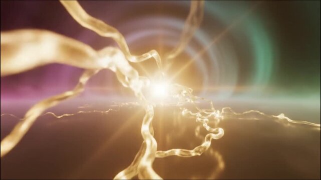 Abstract glowing neuron cell with branching dendrites transmitting signals in a vibrant colorful background