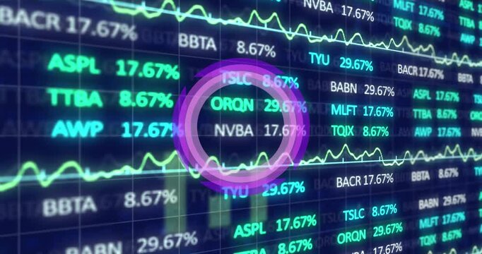 Animation of moving clock and financial data processing over office in background