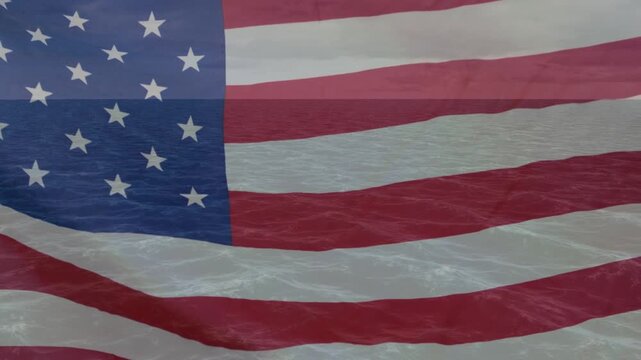 Animation of waving american flag over seascape