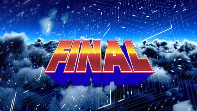 Animation of final over integrated circuit and night cloudy sky